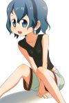  1girl :d between_legs black_shirt blue_eyes commentary_request hair_between_eyes hand_between_legs highres kaban_(kemono_friends) kemono_friends no_hat no_headwear open_mouth sat-c shirt shorts simple_background sitting smile solo undershirt white_background white_shorts 