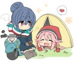  2girls black_coat blue_hair can chibi closed_eyes commentary_request eyebrows_visible_through_hair full_body grass hair_bun heart highres hizuki_yayoi hood hoodie kagamihara_nadeshiko long_hair moped multicolored multicolored_clothes multicolored_scarf multiple_girls open_mouth pink_hair scarf shima_rin smile soda_can spoken_heart standing tent violet_eyes yurucamp 