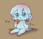  1girl :t blue_eyes blue_hair blue_sclera blue_skin blush brown_background chibi commentary_request doughnut eating fat fins food gills gradient_hair holding holding_food kamaboko_(mato225) looking_at_viewer monster_girl multicolored_hair navel no_hands nude original pink_hair red_pupils short_hair simple_background sitting solo tail 