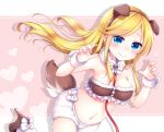  1girl animal_ears bangs between_breasts blonde_hair blue_eyes blush breasts brown_footwear chunithm claw_pose closed_mouth collar collarbone dog_ears dog_tail eyebrows_visible_through_hair fake_animal_ears fingernails floating_hair from_side furrowed_eyebrows hairband heart high_heels leash leg_up long_hair looking_at_viewer medium_breasts navel ogata_arishiana pink_background polka_dot polka_dot_background sanotsuki sharp_fingernails silhouette smile solo swept_bangs tail very_long_hair 