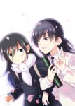  2girls :d bags_under_eyes black_hair blazer coat commentary_request diploma green_eyes half_updo imae_megumi jacket kuroki_tomoko locked_arms long_hair multiple_girls necktie open_mouth petals satou_yuuki scarf school_uniform smile v violet_eyes watashi_ga_motenai_no_wa_dou_kangaetemo_omaera_ga_warui! 