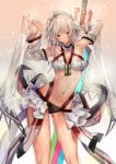  1girl altera_(fate) bangs blush bodypaint box breasts cleavage closed_mouth coat commentary dark_skin detached_sleeves eyebrows_visible_through_hair fate/grand_order fate_(series) fingernails hair_between_eyes highres holding long_sleeves looking medium_breasts nail_polish navel ogyue red_eyes short_hair silver_hair simple_background smile solo standing sword veil weapon white_background 
