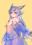 1girl bare_shoulders blue_hair blush bow_(bhp) closed_mouth commentary_request copyright_request detached_sleeves dress flat_chest horns long_hair monster_girl orange_eyes panties simple_background slit_pupils solo standing underwear upper_body xeno&#039;jiiva yellow_background 