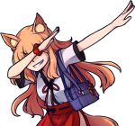  1girl animal_ears armband bag blonde_hair breasts closed_eyes dab_(dance) fate/extra_ccc_fox_tail fate/grand_order fate_(series) fox_ears fox_girl fox_tail japanese_clothes long_hair pleated_skirt red_ribbon red_skirt ribbon school_bag school_uniform shirt short_sleeves skirt small_breasts smirk smug speckticuls suzuka_gozen_(fate) tail transparent_background white_shirt 