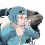  1girl anchor_hair_ornament blonde_hair commentary_request gloves green_eyes hair_ornament helmet highres inoue_kousei kantai_collection kaze_no_tani_no_nausicaa lifebuoy long_hair nausicaa_(cosplay) open_clothes open_mouth pilot_suit rensouhou-chan shimakaze_(kantai_collection) sidelocks sitting_on_shoulder 