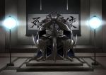  1boy armor black_cloak eiri_(eirri) fate/grand_order fate_(series) glowing glowing_eyes hands_on_hilt horns indoors king_hassan_(fate/grand_order) lamp looking_at_viewer male_focus sitting skull solo spikes sword weapon 