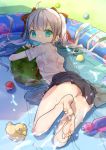  1girl aqua_eyes ball bangs bare_legs barefoot black_skirt bra bralines commentary_request food food_in_mouth fruit hair_ribbon highres long_hair looking_at_viewer looking_back moe2018 mouth_hold object_hug omucchan_(omutyuan) original panties partially_submerged pink_bra pleated_skirt popsicle red_ribbon ribbon see-through shirt short_sleeves silver_hair skirt solo striped striped_panties twintails underwear very_long_hair wading_pool water water_gun watermelon wet wet_clothes wet_shirt white_shirt 