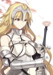  1girl armor armored_dress blonde_hair closed_mouth eyebrows_visible_through_hair fate/apocrypha fate/grand_order fate_(series) flower highres holding holding_sword holding_weapon jeanne_d&#039;arc_(fate) jeanne_d&#039;arc_(fate)_(all) light_smile long_hair nikame signature smile solo sword very_long_hair violet_eyes weapon 