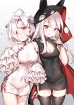  2girls azur_lane black_dress black_legwear breasts cape china_dress chinese_clothes cleavage cleavage_cutout closed_mouth covered_navel cowboy_shot detached_sleeves dress erebus_(azur_lane) eyebrows_visible_through_hair frills gloves gradient gradient_background hair_over_one_eye hood hoodie long_hair looking_at_viewer medium_breasts multiple_girls red_eyes short_dress short_hair sidelocks simple_background sleeves_past_wrists small_breasts smile stitches sunege_(hp0715) terror_(azur_lane) thigh-highs white_dress white_gloves zettai_ryouiki 