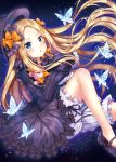  1girl :o abigail_williams_(fate/grand_order) bangs black_bow black_dress black_footwear black_hat blonde_hair bloomers blue_eyes blush bow butterfly commentary_request dress eyebrows_visible_through_hair fate/grand_order fate_(series) forehead hair_bow hat long_sleeves looking_at_viewer mary_janes object_hug orange_bow parted_bangs parted_lips polka_dot polka_dot_bow sakura_moyon shoes sleeves_past_fingers sleeves_past_wrists solo stuffed_animal stuffed_toy teddy_bear underwear white_bloomers 