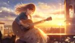  1girl :d acoustic_guitar backlighting bangs black_cat brown_eyes brown_hair cat city clock clock_tower clouds cloudy_sky denim denim_jacket evening eyebrows_visible_through_hair floating_hair floral_print flower guitar highres instrument jacket jewelry lens_flare long_hair long_skirt mountainous_horizon music necklace on_roof open_clothes open_jacket open_mouth original pendant petals playing_instrument print_skirt romiy rooftop scenery sitting skirt sky sleeves_past_elbows smile solo sunlight sunset tower white_flower wind 