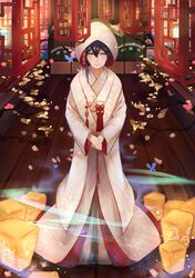  1girl bangs blue_hair bride dress eyebrows_visible_through_hair hair_between_eyes hair_ornament hands_together highres hood japanese_clothes kimono lantern long_hair looking_at_viewer love_live! love_live!_school_idol_project solo sonoda_umi standing uchikake wedding wedding_dress white_kimono wide_sleeves xyufsky yellow_eyes 