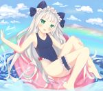  1girl :d bangs bare_arms bare_shoulders barefoot blue_bow blue_sky blue_swimsuit blush bow casual_one-piece_swimsuit clouds collarbone colored_eyelashes commentary day eyebrows_visible_through_hair frilled_swimsuit frills green_eyes hair_bow head_tilt highres innertube leg_garter long_hair mony ocean one-piece_swimsuit open_mouth original outdoors rainbow red_bow silver_hair sky smile solo swimsuit toenails upper_body very_long_hair water 