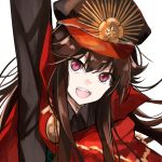  1girl :d arm_up bangs black_hair black_hat black_jacket cape eyebrows_visible_through_hair family_crest fate/grand_order fate_(series) hair_between_eyes hat hirai_yuzuki jacket koha-ace looking_at_viewer military_hat oda_nobunaga_(fate) oda_uri open_mouth peaked_cap red_cape sidelocks simple_background smile solo v-shaped_eyebrows violet_eyes white_background 