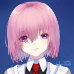  1girl artist_name blue_ribbon closed_mouth eyes_visible_through_hair face fate/grand_order fate_(series) hair_over_one_eye haneru lips mash_kyrielight necktie pink_hair ribbon short_hair simple_background smile solo upper_body violet_eyes 