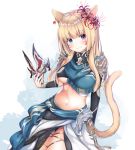  1girl animal_ears blonde_hair breasts cat_ears cat_tail closed_mouth dutch_angle earrings facial_mark final_fantasy final_fantasy_xiv hair_ornament heterochromia jewelry kanora looking_at_viewer mask mask_removed medium_breasts midriff miqo&#039;te navel pauldrons simple_background slit_pupils smile solo tail under_boob 