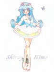  1girl :d bare_legs blue_bow blue_eyes blue_hair bow butterfly character_name dress flipped_hair full_body happinesscharge_precure! legs_crossed long_hair looking_at_viewer nene_(oneoneo13) open_mouth precure shirayuki_hime shoes simple_background skirt_hold smile solo standing white_background white_dress white_footwear 