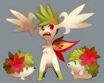  &gt;:( commentary eye_contact eyelashes frown fushigi_no_dungeon green_eyes grey_background highres looking_at_another looking_up no_humans pokemon pokemon_(creature) pokemon_fushigi_no_dungeon red_eyes shaymin simple_background standing 