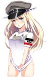  1girl 2018_fifa_world_cup absurdres adidas alternate_costume bismarck_(kantai_collection) blonde_hair blue_eyes bottomless breasts clothes_writing german germany hat highres imperial_german_flag iron_cross kantai_collection long_hair looking_at_viewer military_hat no_panties no_pants peaked_cap simple_background soccer soccer_uniform solo sportswear white_background world_cup 