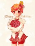  1girl bike_shorts blush bouquet bow chocolate cowboy_shot crown flower hair_bow happy_birthday holding holding_flower kenjou_akira kirakira_precure_a_la_mode looking_at_viewer mini_crown nene_(oneoneo13) plaid plaid_skirt precure red_bow red_eyes red_flower red_rose red_shorts red_skirt redhead rose short_hair shorts shorts_under_skirt simple_background skirt smile solo star_in_eye symbol_in_eye very_short_hair white_background white_skirt 