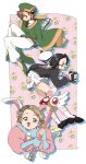  3boys animal_ears black_eyes black_hair blonde_hair brown_eyes brown_hair card_captor_sakura chinese_clothes cosplay daidouji_tomoyo daidouji_tomoyo_(cosplay) fake_animal_ears fuuin_no_tsue green_eyes hat highres himeno_kanon idolmaster idolmaster_side-m kaerre kinomoto_sakura kinomoto_sakura_(cosplay) li_xiaolang li_xiaolang_(cosplay) looking_at_viewer magical_boy male_focus mofumofuen multiple_boys okamura_nao pants parody patterned_background pleated_skirt rabbit_ears school_uniform serafuku skirt style_parody tachibana_shirou tomoeda_elementary_school_uniform uchida_(86kiwifruit_h) video_camera wand white_pants white_skirt 