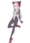  1girl bangs bodysuit collarbone commentary_request electro_alice eyebrows_visible_through_hair flat_chest full_body headgear high_heels ken_(koala) long_hair looking_at_viewer one_leg_raised original pink_hair red_eyes simple_background skin_tight solo white_background 