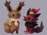  commentary eevee full_body fushigi_no_dungeon glitchedpuppet grey_background pokemon pokemon_fushigi_no_dungeon simple_background sitting standing yellow_eyes zorua 