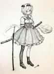  1girl asymmetrical_legwear bangs blush bow bowtie closed_mouth flower full_body greyscale hair_over_one_eye highres konpaku_youmu konpaku_youmu_(ghost) looking_at_viewer mashimashi monochrome short_sleeves single_sock skirt socks solo standing sword touhou traditional_media weapon 