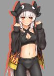 1girl alternate_costume bangs black_pants blush breasts cleavage cleavage_cutout clenched_hands closed_mouth collarbone cowboy_shot criss-cross_halter eyebrows_visible_through_hair fate/grand_order fate_(series) flame_print gluteal_fold grey_background halterneck hands_up highres hood hood_up hoodie hozenkakari kiyohime_(fate/grand_order) long_hair looking_at_viewer medium_breasts navel open_clothes open_hoodie pants print_hoodie red_eyes silver_hair simple_background sleeves_past_wrists smile solo sports_bra standing stomach tight tight_pants very_long_hair 