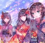  3girls :d bangs blue_kimono blue_sky blush braid brown_hair character_request commentary_request day eyebrows_visible_through_hair floral_print flower fur_trim fusou_(kantai_collection) gloves green_eyes grey_gloves hair_between_eyes hair_flaps hair_flower hair_ornament holding japanese_clothes kantai_collection kimono lens_flare long_hair long_sleeves looking_at_viewer multiple_girls obi open_mouth outdoors purple_kimono red_eyes red_kimono rioka_(southern_blue_sky) sash shigure_(kantai_collection) sky smile standing wide_sleeves yamashiro_(kantai_collection) 