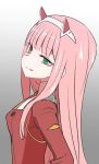  1girl :p bangs commentary_request darling_in_the_franxx eyebrows_visible_through_hair eyeshadow from_side gradient gradient_background green_eyes grey_background hairband horns jacket long_hair long_sleeves looking_at_viewer makeup pink_hair red_jacket smile solo sumiyao_(amam) tongue tongue_out upper_body zero_two_(darling_in_the_franxx) 