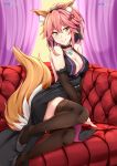  1girl animal_ears backless_outfit bangs bare_shoulders black_dress black_footwear black_legwear black_ribbon blush breasts brown_eyes chrisandita cleavage closed_mouth collaboration collarbone commentary_request couch curtains detached_sleeves dress eyebrows_visible_through_hair fate/extra fate_(series) fox_ears fox_tail hair_between_eyes hair_ribbon high_heels high_ponytail highres loli_hooker long_hair long_sleeves medium_breasts open-back_dress pink_hair ponytail ribbon shoes smile solo tail tamamo_(fate)_(all) tamamo_no_mae_(fate) thigh-highs 