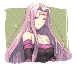  1girl bare_shoulders closed_mouth elbow_gloves eyebrows_visible_through_hair facial_mark fate/stay_night fate_(series) forehead_mark gloves hair_between_eyes light_smile long_hair looking_at_viewer medusa_(fate) medusa_(fate)_(all) nikame purple_hair rider signature simple_background smile solo very_long_hair violet_eyes white_background 