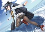  1girl anchor_symbol ass barbariank bent_knees clouds commentary grey_hair highres kantai_collection looking_at_viewer ocean open_mouth panties pantyhose red_footwear ship side-tie_panties sky solo tokitsukaze_(kantai_collection) underwear watercraft waving 