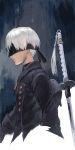  1boy backpack bag black_jacket from_side iwauchi_tomoki jacket katana light_smile long_sleeves male_focus nier_(series) nier_automata parted_lips profile solo sword upper_body weapon white_hair yorha_no._9_type_s 