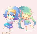  2girls :d ^_^ ahoge blue_eyes blue_hair blue_shorts blush chibi closed_eyes green_footwear green_hair hairband heart kouu_hiyoyo long_hair low_twintails lowres mallow_(pokemon) multiple_girls open_mouth outstretched_arms overall_skirt pokemon pokemon_(game) pokemon_sm sandals shirt short_shorts short_sleeves shorts smile spread_arms standing standing_on_one_leg suiren_(pokemon) twintails twitter_username very_long_hair white_shirt 