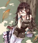  1girl alt atelier_(series) atelier_sophie brown_hair elise_phulie glasses highres mechanical_pencil pencil red_eyes sitting solo 