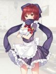  1girl alternate_costume apron bangs bekotarou blush bottle bow bowtie breasts brown_eyes chocolate chocolate_heart cleavage commentary_request cowboy_shot crossed_arms enmaided eyebrows_visible_through_hair gift gloves hair_bow heart holding holding_gift indoors looking_at_viewer maid medium_breasts puffy_short_sleeves puffy_sleeves purple_bow purple_scarf red_neckwear redhead scarf sekibanki short_hair short_sleeves solo striped touhou waist_apron white_apron white_gloves wine_bottle 