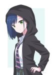 1girl artist_name blue_hair closed_mouth collared_shirt darling_in_the_franxx eyebrows_visible_through_hair from_side green_eyes green_skirt hand_on_hip highres hood hoodie ichigo_(darling_in_the_franxx) kalina_(skiki86320) long_sleeves looking_at_viewer looking_to_the_side necktie open_clothes open_hoodie plaid plaid_skirt purple_neckwear school_uniform shirt short_hair skirt solo striped_neckwear upper_body white_shirt wing_collar 