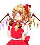  1girl ascot blonde_hair blush bow broken chocolate chocolate_heart cowboy_shot crying crying_with_eyes_open flandre_scarlet hair_bow heart highres nail_polish one_side_up pink_eyes pointy_ears red_bow red_nails red_vest shiki_(s1k1xxx) short_sleeves simple_background solo tears touhou valentine vest wavy_mouth white_background wings wrist_cuffs yellow_neckwear 