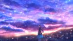  1girl blue_hair blue_skirt clouds cloudy_sky commentary_request from_side horizon lens_flare long_sleeves looking_at_viewer looking_to_the_side mittens mountainous_horizon multicolored multicolored_sky original outdoors ponytail rain sakimori_(hououbds) skirt sky solo standing 