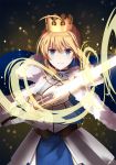 1girl ahoge armor armored_dress artoria_pendragon_(all) blonde_hair blue_cape blue_dress blue_eyes cape crown dress excalibur eyebrows_visible_through_hair fate/stay_night fate_(series) fur_trim gauntlets hair_between_eyes holding holding_sword holding_weapon k-rumi looking_at_viewer saber short_hair_with_long_locks sidelocks solo standing sword weapon 