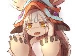  1girl 3: animal_ears commentary_request ears_through_headwear eyebrows_visible_through_hair furry grey_hair hat highres horizontal_pupils horns made_in_abyss nanachi_(made_in_abyss) paws ria_(efikrisia) simple_background solo sweatdrop topless upper_body white_background yellow_eyes 