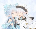  2girls :d ^_^ armlet bangs bare_shoulders blue_eyes blue_flower blue_hair blue_rose blunt_bangs blush bridal_gauntlets closed_eyes commentary_request crystal detached_sleeves dress erin_(granblue_fantasy) eyebrows_visible_through_hair flower granblue_fantasy hair_ornament highres hood lily_(granblue_fantasy) long_hair multiple_girls one_eye_closed ooyama_imo open_mouth pointy_ears rose smile white_dress 