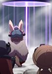  1boy 2girls animal_ears facing_away helmet highres made_in_abyss mechanical_arm multiple_girls nanachi_(made_in_abyss) regu_(made_in_abyss) riko_(made_in_abyss) tail uchuu_ika 