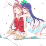  2girls animal_ears arm_support bangs blue_hair blush chocore cosplay costume_switch earrings eyebrows_visible_through_hair gloves grey_hair hair_between_eyes hug hug_from_behind jewelry kneeling korekara_no_someday long_hair looking_at_viewer love_live! love_live!_school_idol_project minami_kotori multiple_girls one_side_up open_mouth rabbit_ears ribbon simple_background sitting sleeveless sonoda_umi star thigh-highs white_background white_gloves white_legwear yellow_eyes 