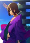  1girl bangs blue_sky blurry blurry_background breasts brown_eyes brown_hair closed_mouth commentary_request day depth_of_field fate/grand_order fate_(series) from_side horns japanese_clothes kimono looking_down oni oni_horns open_clothes open_kimono outdoors poligon_(046) profile purple_kimono short_hair shuten_douji_(fate/grand_order) sky small_breasts solo standing upper_body 