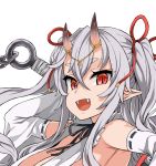  1girl :d asanagi bare_shoulders black_neckwear black_ribbon breasts commentary_request copyright_request detached_sleeves eyebrows_visible_through_hair fangs grey_hair hand_up headpiece holding holding_weapon horns huge_breasts long_sleeves looking_at_viewer neck_ribbon oni oni_horns open_mouth pointy_ears red_eyes ribbon simple_background slit_pupils smile solo thick_eyebrows upper_body weapon white_background 
