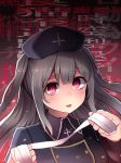  bandage commentary_request creepy eyebrows_visible_through_hair grey_hair hat highres jacket long_hair long_sleeves looking_at_viewer neit_ni_sei nurse_cap open_mouth original red_eyes smile solo translation_request twintails upper_body virtual_youtuber 