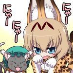  animal_ears blonde_hair blue_eyes blush bonnet bow bowtie cat cat_day chen chen_(cat) commentary_request cosplay earrings elbow_gloves fang girls_und_panzer gloves gradient gradient_background hanya_(hanya_yashiki) jewelry katyusha kemono_friends kemonomimi_mode multiple_tails paw_pose serval_(kemono_friends) serval_(kemono_friends)_(cosplay) serval_ears serval_print serval_tail tail touhou 